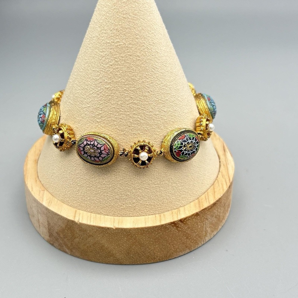 Vintage Renaissance LInk Bracelet Molded Glass Faux Pearl Moroccan